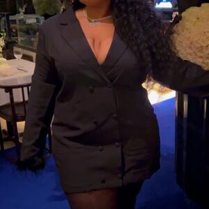 Pretty Little Things Blazer Dress! Faux feather sleeve trim.